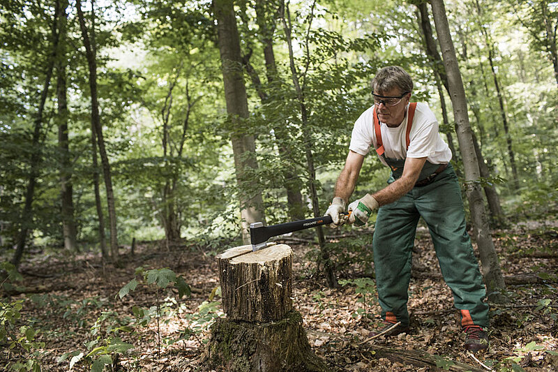 Holz hacken Förster im Wald