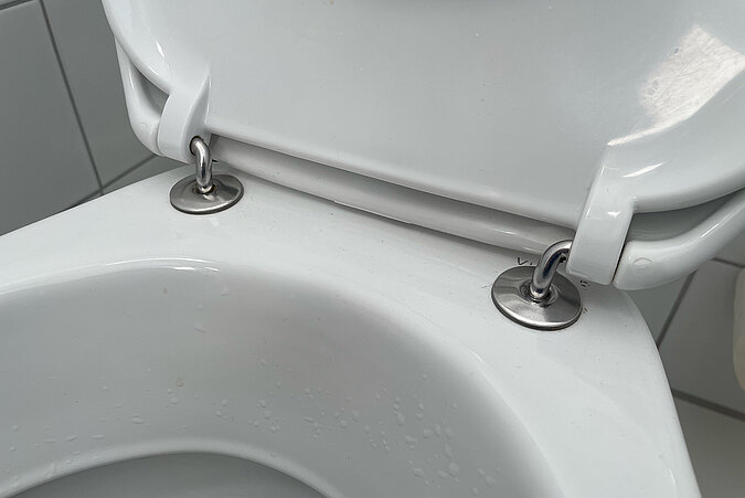 Klodeckel wechseln & pflegen – Detailaufnahme der Scharniere eines WC-Sitzes mit Edelstahlbefestigungen